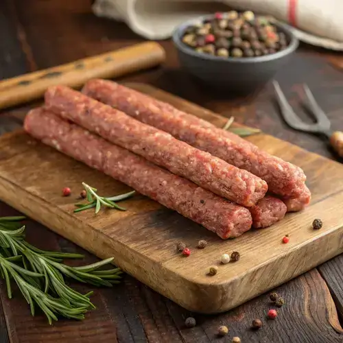 Homemade beef sticks with a bowl of peppercorns and rosemary on a wooden table.