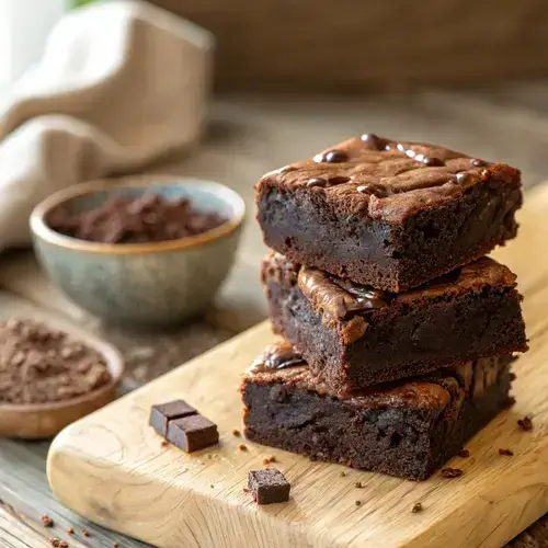 Close-up of rich protein brownies with a rustic background featuring cocoa powder and oats.