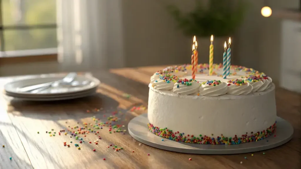 Close-up of a happy birthday cake with white buttercream frosting and rainbow sprinkles on a wooden table