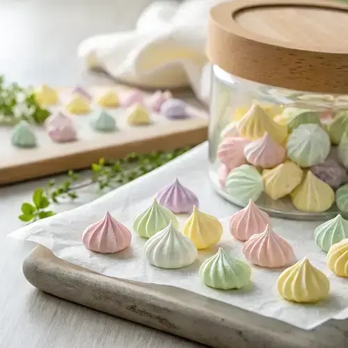 Pastel meringue candies spilling from a jar on a parchment-lined baking sheet.