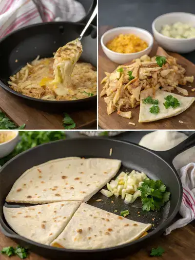 Step-by-step preparation of Chihuahua cheese quesadillas, showcasing each stage from sautéing to serving.