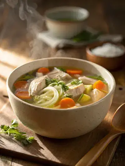 A bowl of grandma chicken soup with chicken, carrots, celery, and parsley on a wooden table.