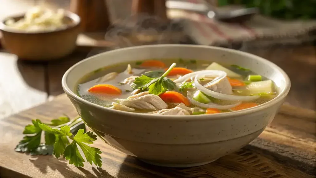 A bowl of grandma chicken soup with chicken, carrots, celery, and parsley on a wooden table.
