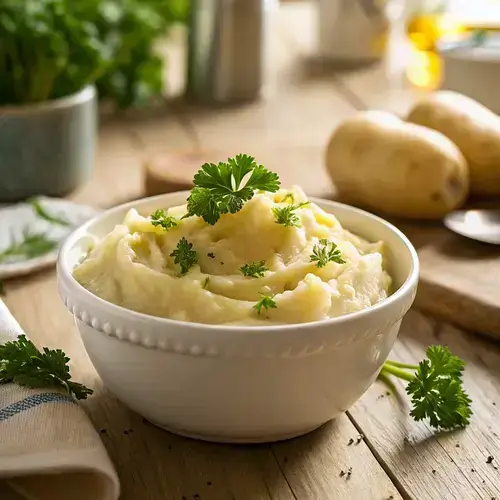 Bowl of buttery mashed potatoes with parsley on a rustic table, illuminated by warm sunlight.