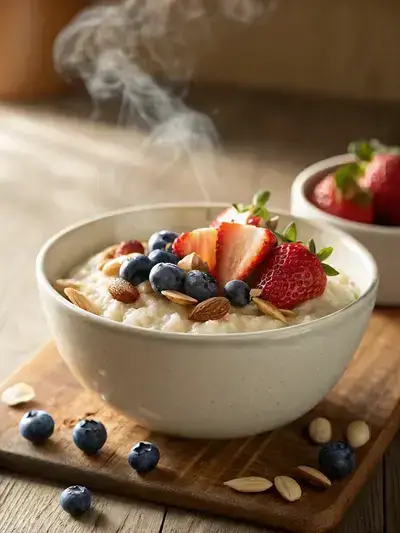 Close-up of a creamy bowl of rice cereal topped with fresh strawberries, blueberries, and chopped almonds, with steam rising in warm morning light.