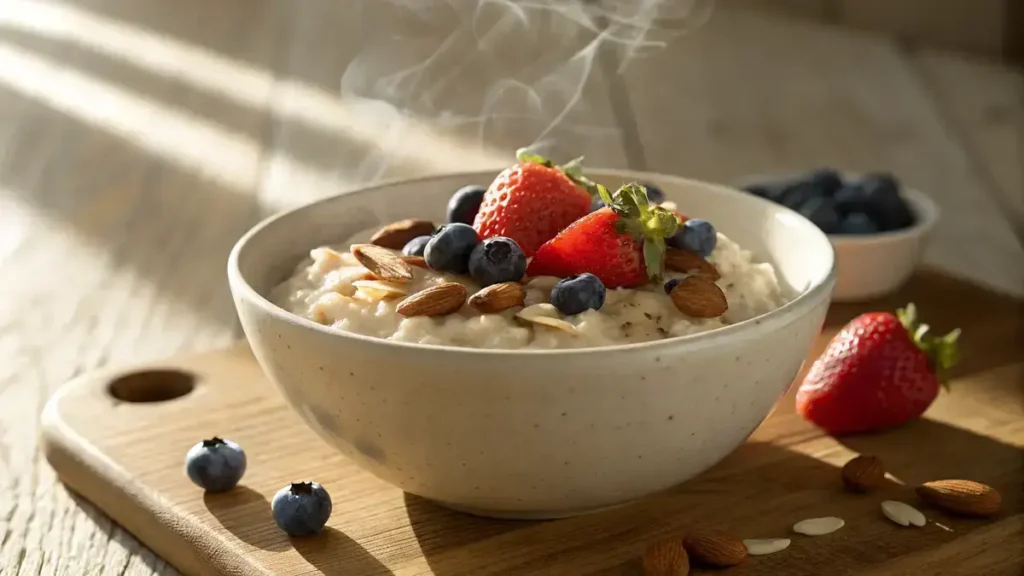 Close-up of a creamy bowl of rice cereal topped with fresh strawberries, blueberries, and chopped almonds, with steam rising in warm morning light.