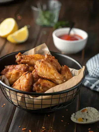Close-up of crispy chicken wings in an Instant Pot air fryer basket on a wooden table.