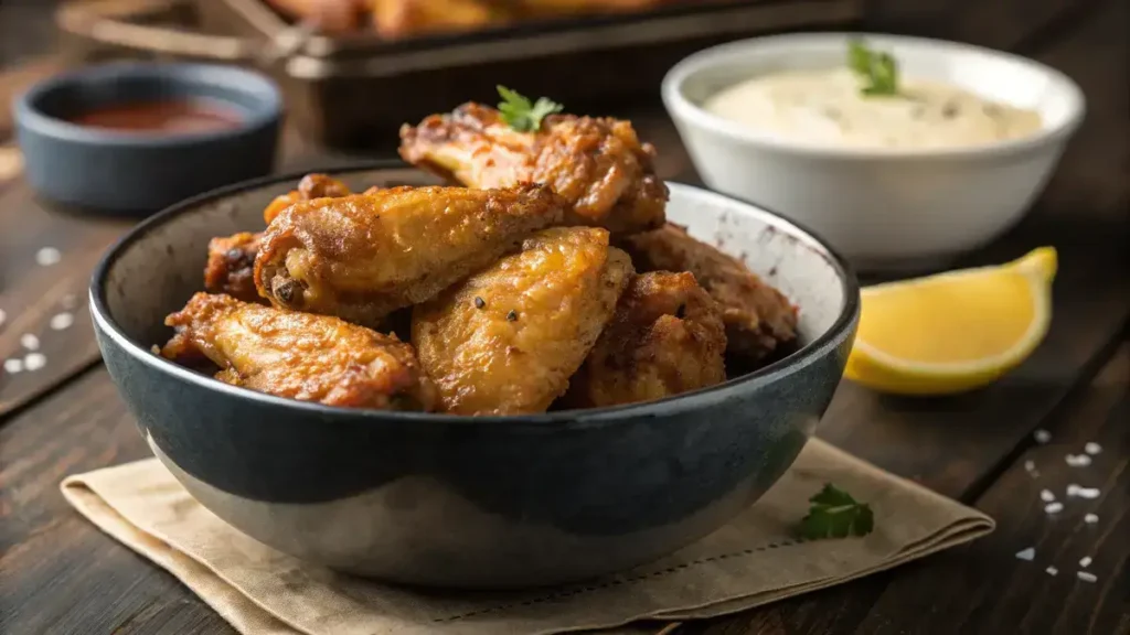 Close-up of crispy chicken wings in an Instant Pot air fryer basket on a wooden table.