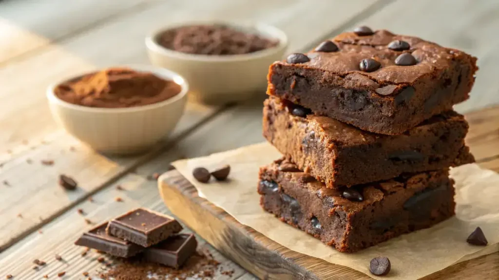 A stack of four fudgy protein brownies with chocolate swirls and melting chocolate chips on a wooden surface.