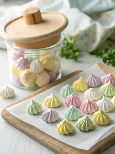 Close-up of pastel meringue candies in soft colors on a baking sheet and in a glass jar.