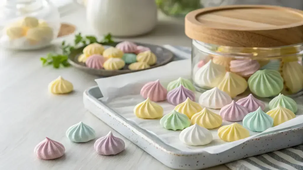 Close-up of pastel meringue candies in soft colors on a baking sheet and in a glass jar.