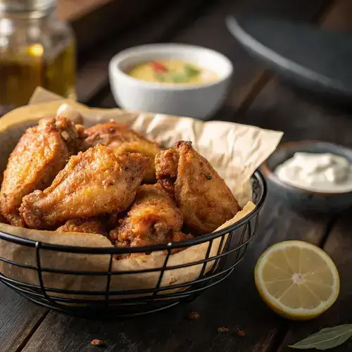 Golden chicken wings with dipping sauce and lemon wedge, air fried in an Instant Pot.