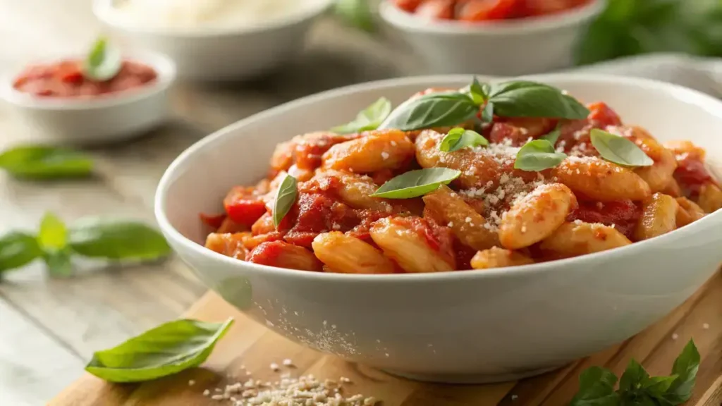 Close-up of cavatelli pasta in a white ceramic bowl with tomato-basil sauce and Parmesan.