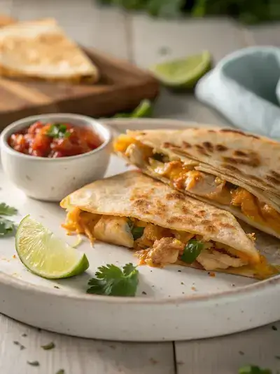 Close-up of a golden-brown Chihuahua cheese quesadilla with melted cheese and chicken on a white plate.