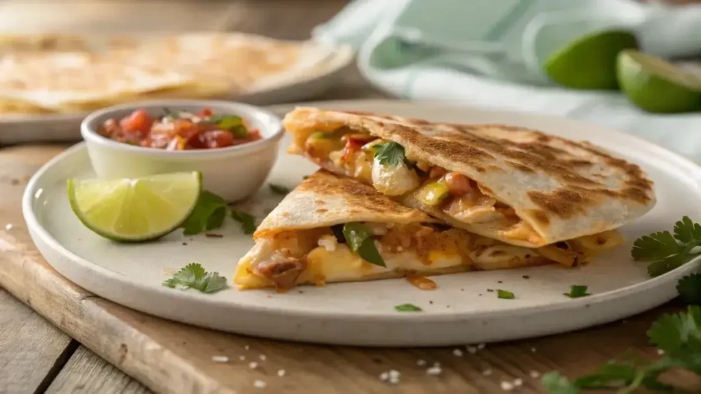 Close-up of a golden-brown Chihuahua cheese quesadilla with melted cheese and chicken on a white plate.