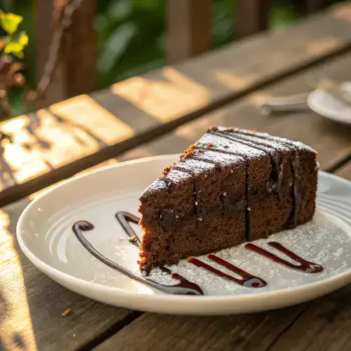 Rich chocolate cake slice with glossy ganache on a rustic wooden table, surrounded by soft natural light.