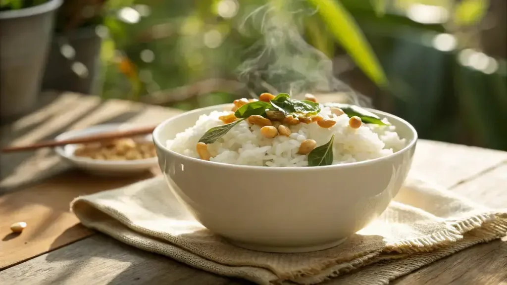 Close-up of a white ceramic bowl filled with steaming coconut rice topped with green curry leaves and roasted peanuts, with soft steam rising.