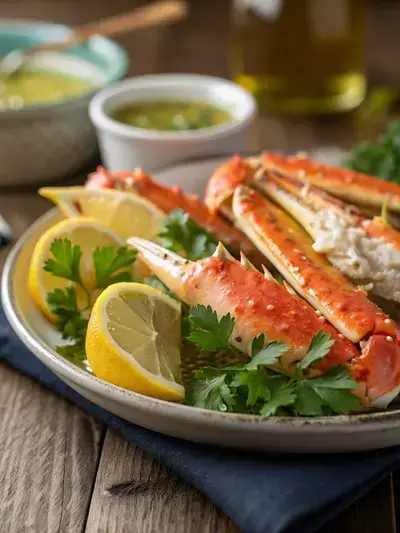 Close-up of steaming crab legs with garlic butter and lemon wedges on a rustic wooden table.