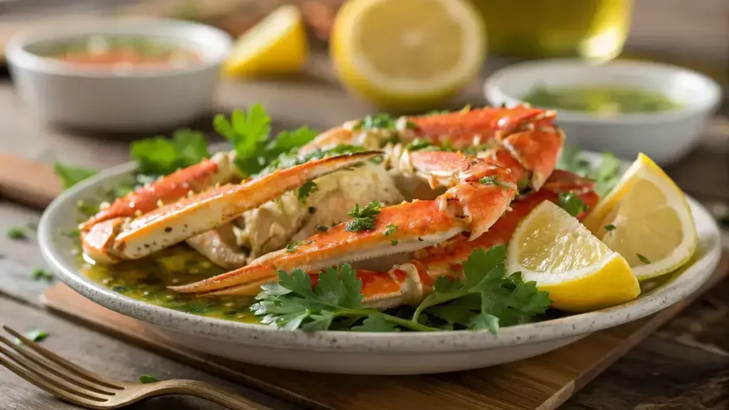 Close-up of steaming crab legs with garlic butter and lemon wedges on a rustic wooden table.