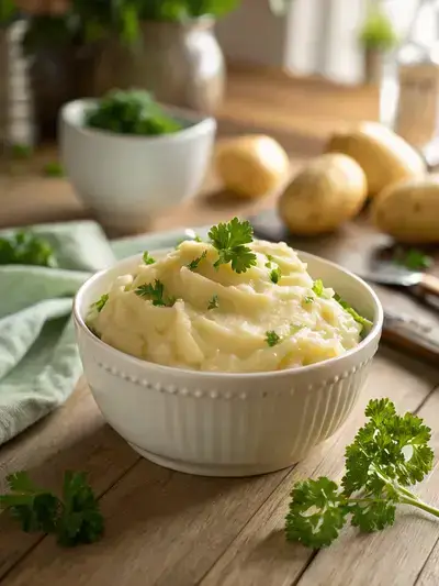 Close-up of creamy mashed potatoes in a white bowl, garnished with parsley on a wooden table.