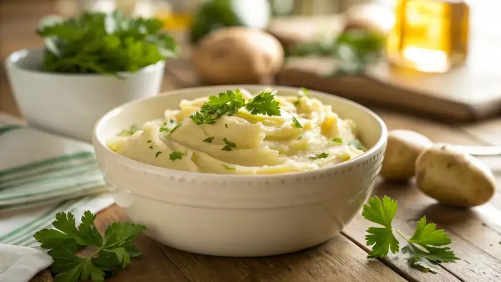 Close-up of creamy mashed potatoes in a white bowl, garnished with parsley on a wooden table.
