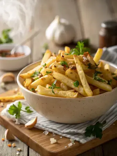 A bowl of golden garlic fries garnished with parsley on a wooden table.