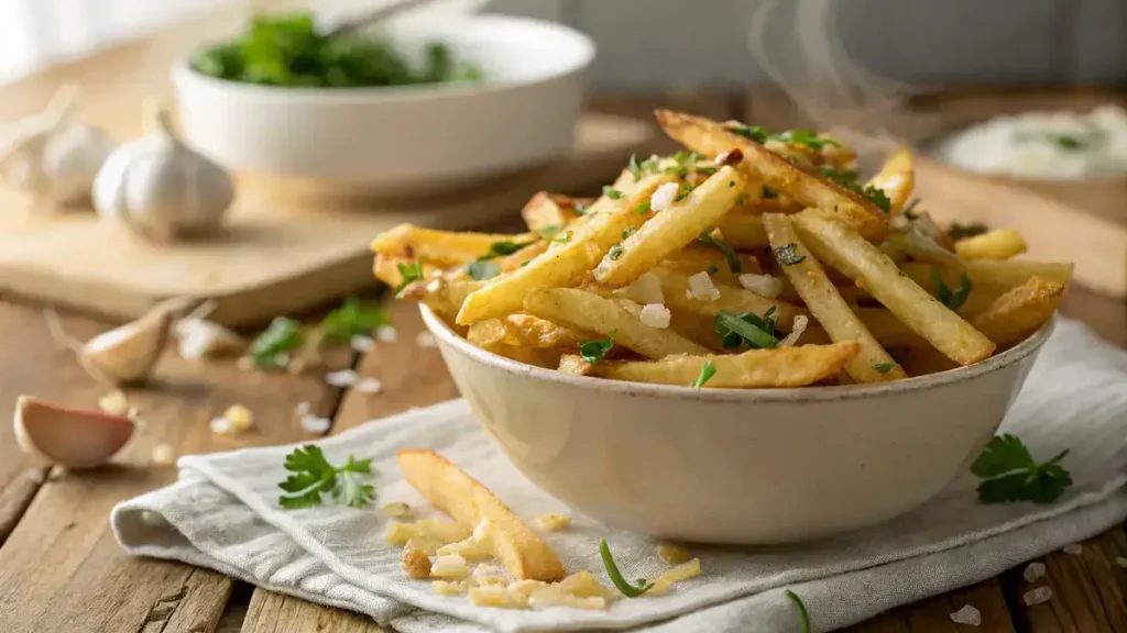 A bowl of golden garlic fries garnished with parsley on a wooden table.