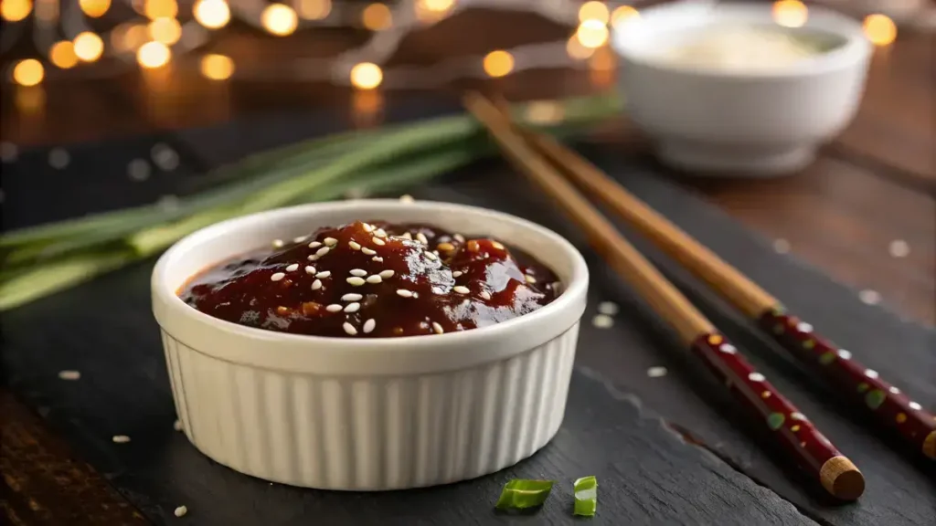 Close-up of a white ceramic bowl filled with General Tso sauce and sesame seeds on a wooden table.