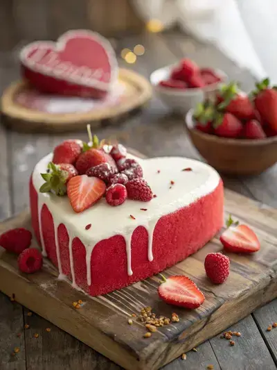 Close-up of a heart-shaped cake with red sponge and white glaze on a wooden table