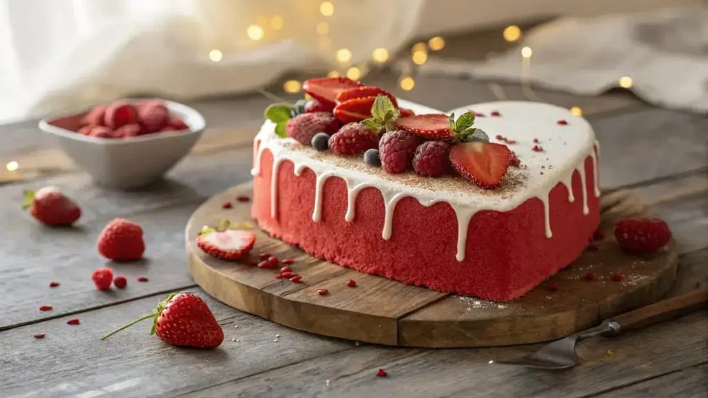 Close-up of a heart-shaped cake with red sponge and white glaze on a wooden table