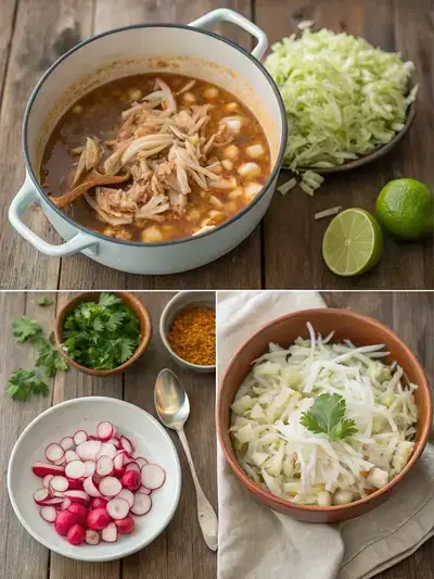 A vibrant bowl of pozole meat garnished with fresh toppings, showcasing the rich broth and hominy.
