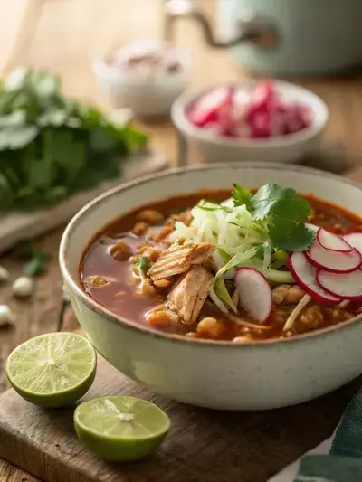 Close-up of a steaming bowl of pozole with chicken substitute and hominy on a wooden table.