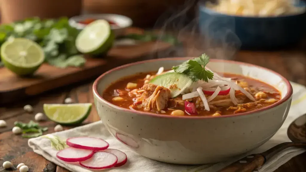 Close-up of a steaming bowl of pozole with chicken substitute and hominy on a wooden table.