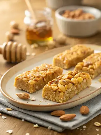 Close-up of Star Crunch cereal bars on a ceramic plate with a warm wood background.