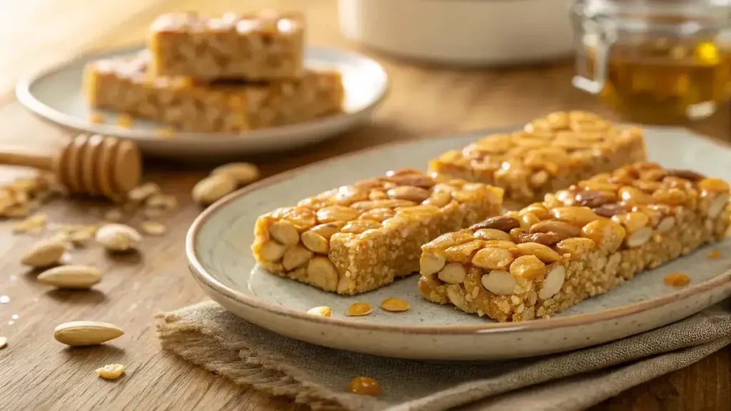 Close-up of Star Crunch cereal bars on a ceramic plate with a warm wood background.