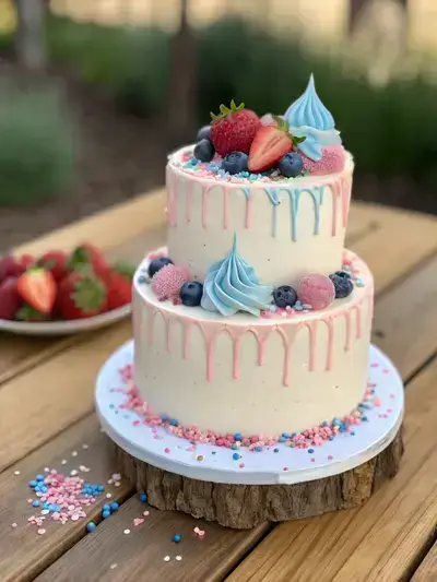 Close-up of a gender reveal cake with pink and blue accents on a wooden table.