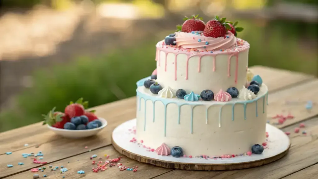 Close-up of a gender reveal cake with pink and blue accents on a wooden table.