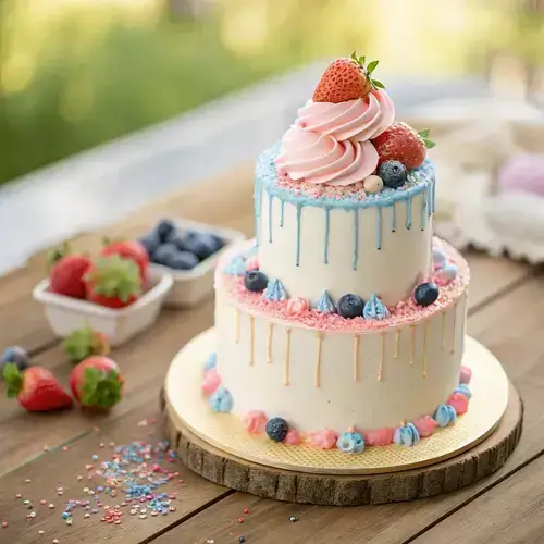 Two-tiered gender reveal cake adorned with berries and pastel sprinkles.