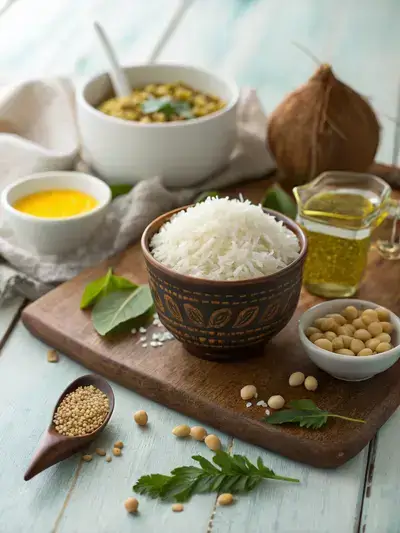 Ingredients for choru recipe displayed on a wooden table, including steamed rice, grated coconut, and spices.