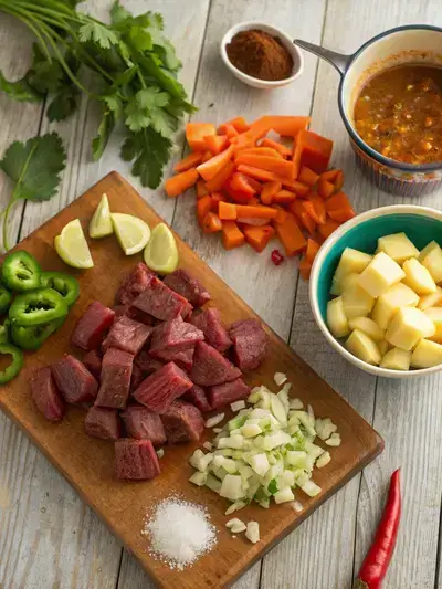 Fresh ingredients for guisado displayed on a wooden table, including beef, vegetables, and spices.