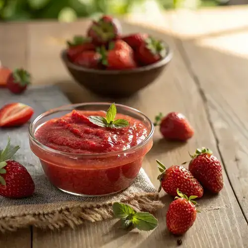 Strawberry puree in a bowl with fresh strawberries and green leaves on a rustic table.
