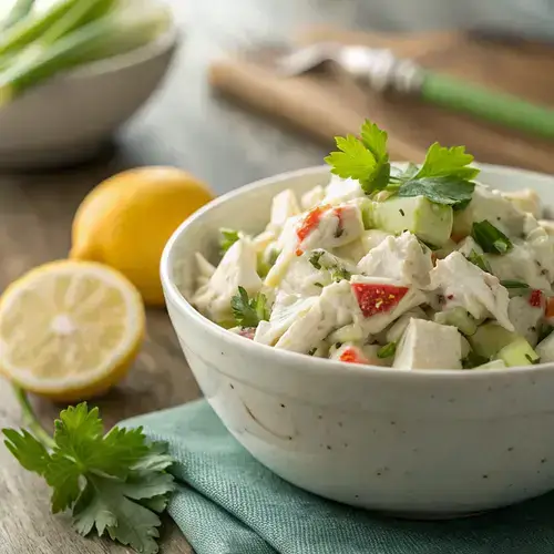 Detailed view of lump crab meat salad with parsley and celery in a white porcelain bowl.