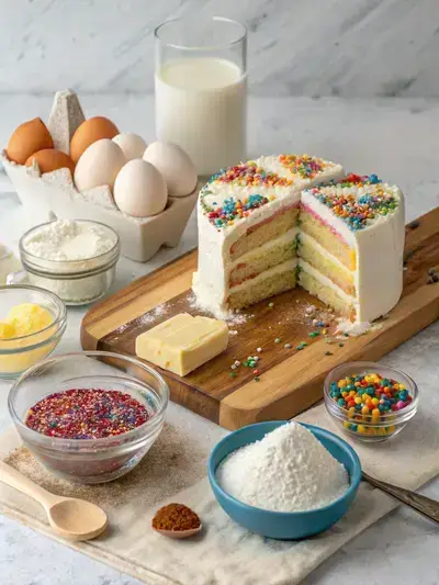 Ingredients for a happy birthday cake displayed on a kitchen countertop