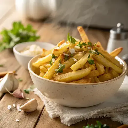 Close-up of steaming garlic fries with minced garlic and parsley on a rustic table.