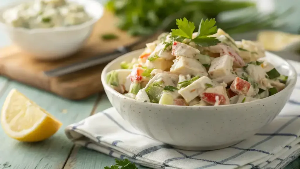 Close-up of a gourmet lump crab meat salad in a rustic bowl, showcasing glistening crab chunks and creamy dressing.