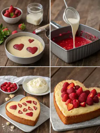 Step-by-step preparation of a Heart Cake with vibrant red sponge and white glaze, garnished with fresh berries.