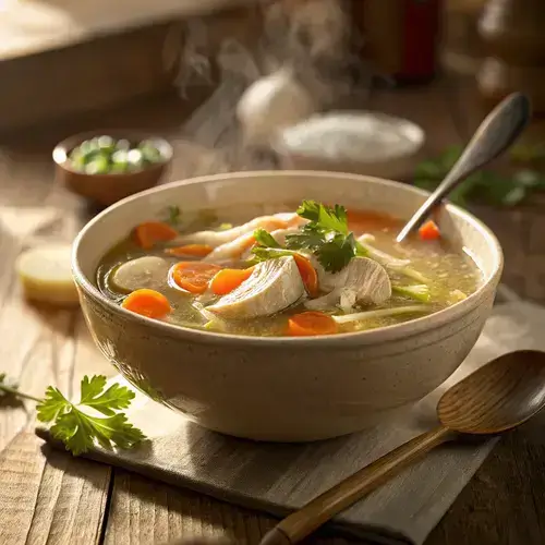 Ceramic bowl of chicken soup with a wooden spoon and linen napkin on a rustic table.