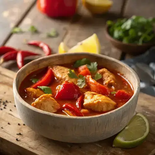Rustic bowl of steaming chicken stew with glossy scotch bonnet peppers on a wooden table.