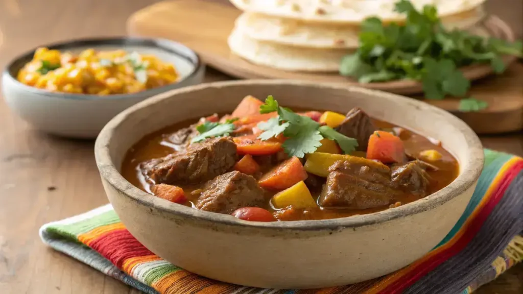 Close-up of a hearty guisado in a rustic bowl, showcasing tender beef, potatoes, and carrots in a savory sauce.