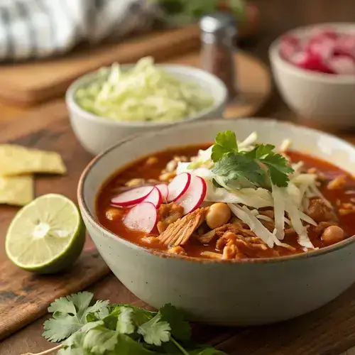 Artfully arranged toppings on a bowl of pozole with a rustic background.